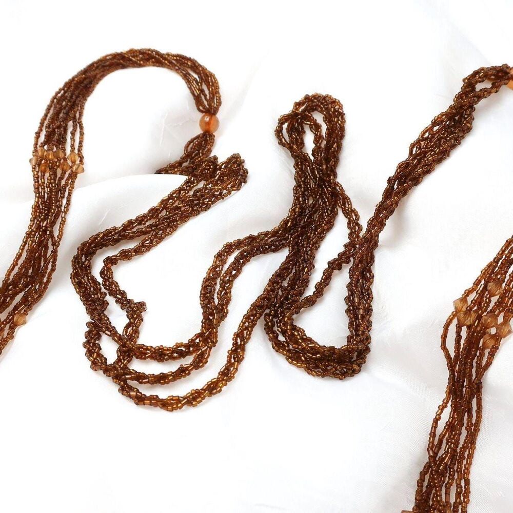 Vintage 1970s Brown Beaded Tassel Necklace Multi Strand Braided Lariat Rope Boho